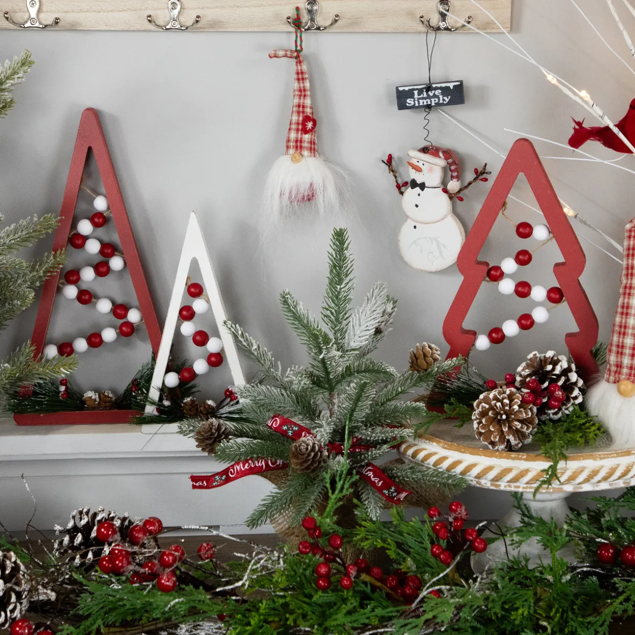 Wooden Trees with Beads Christmas Decorations - 11.75" - Red and White - Set of 3