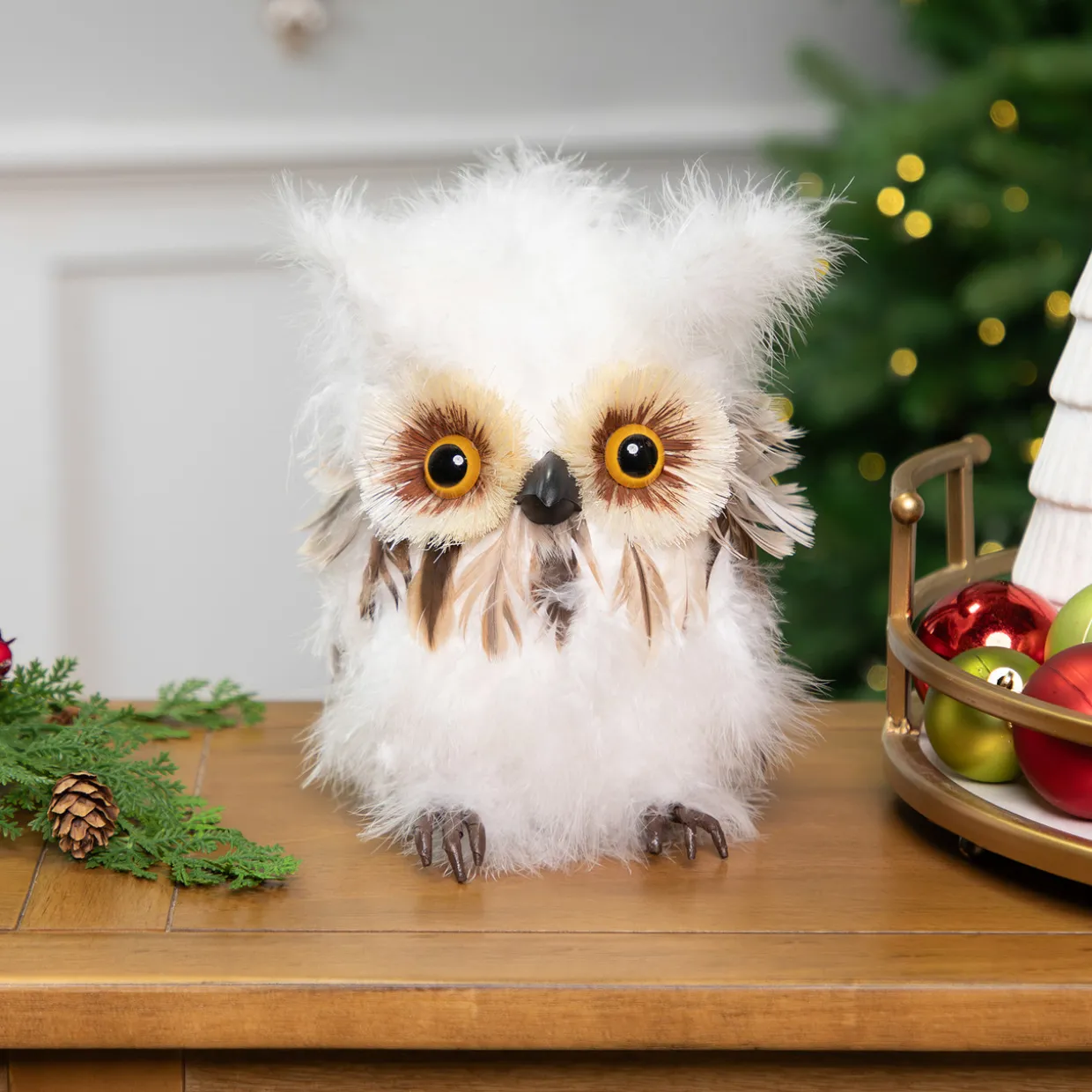 Woodland Feathery Owl Christmas Tabletop Figure - 7"